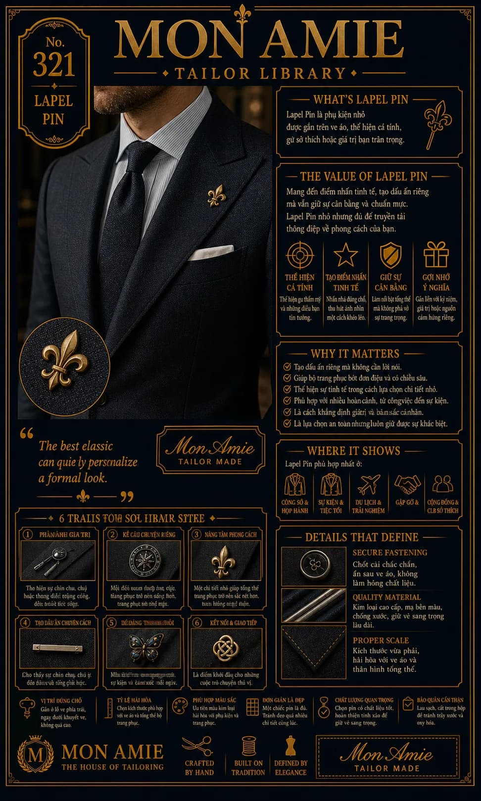 Poster Tailor Library số 321 của Mon Amie về lapel pin: giá trị, sáu lý do sử dụng và chi tiết nhận biết ghim ve áo chất lượng