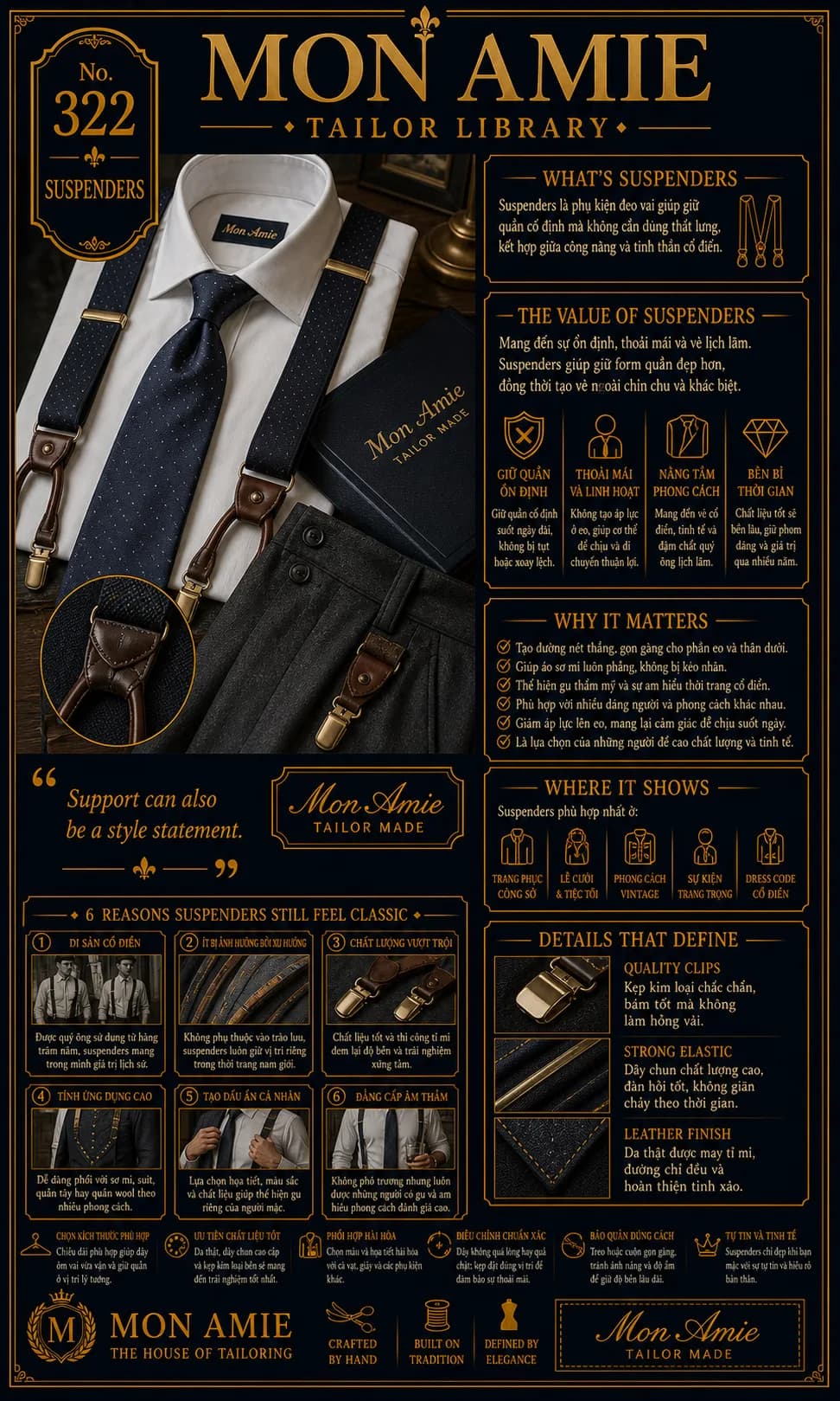 Poster Tailor Library số 322 của Mon Amie về suspenders: dây đeo quần navy chấm bi, khóa kẹp kim loại và da thật