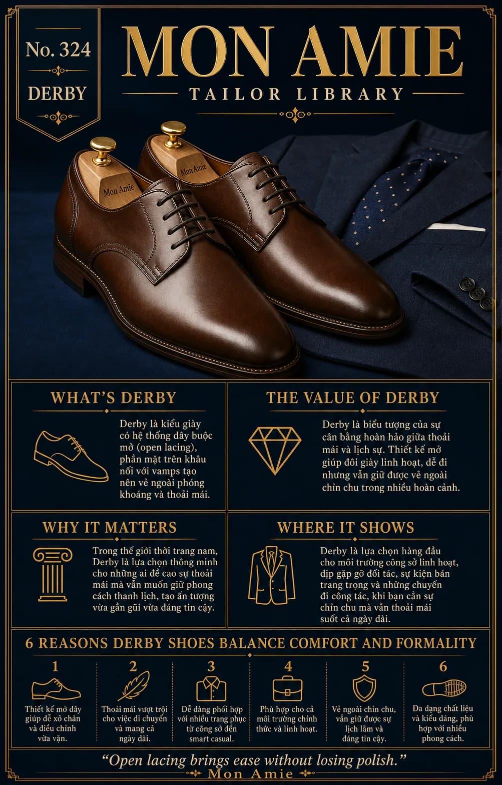 Poster Tailor Library số 324 của Mon Amie về giày Derby: đôi Derby da nâu buộc dây mở đặt cạnh áo suit navy