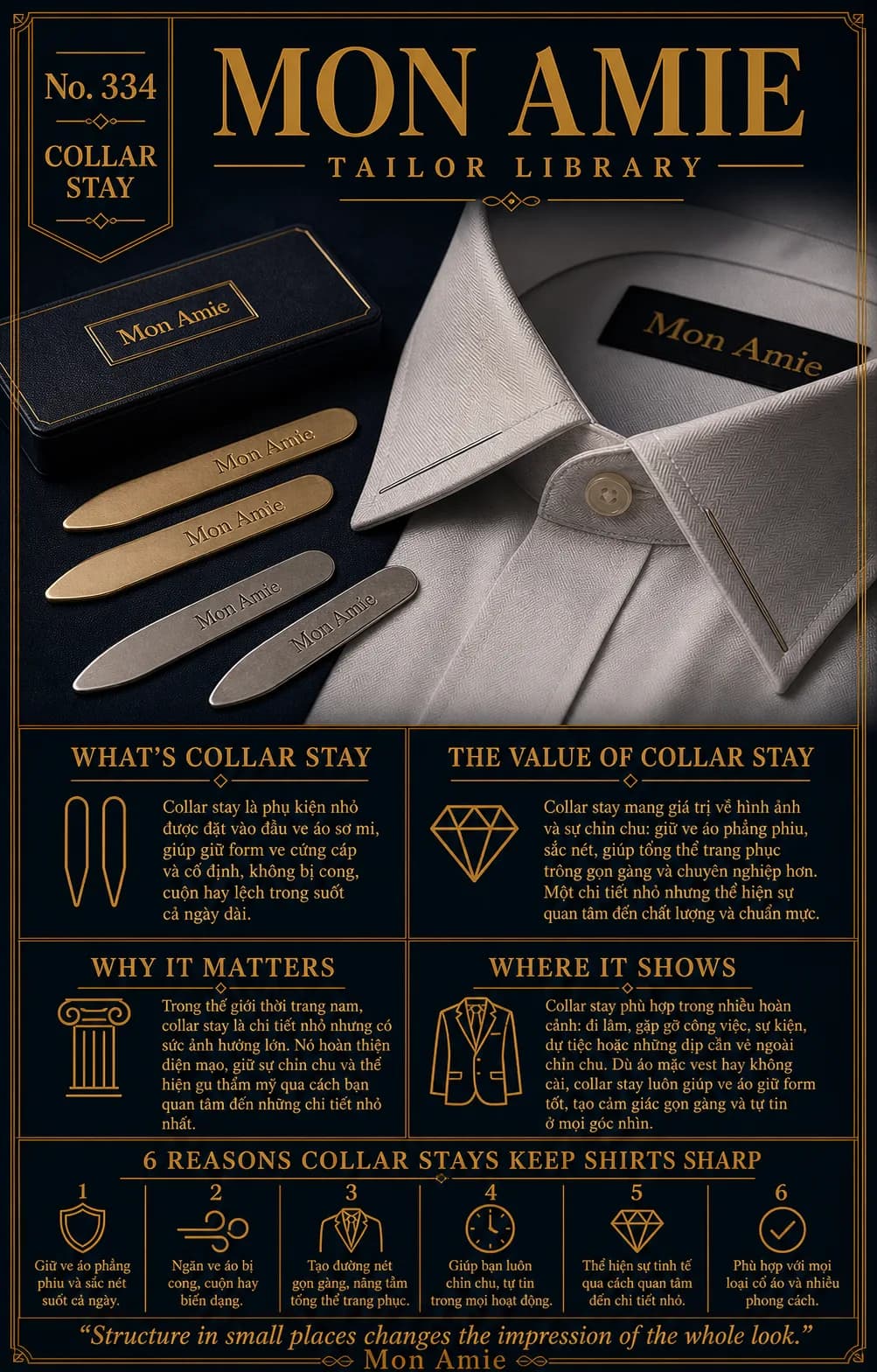 Mon Amie Tailor Library poster No. 334 on collar stays: gold and silver metal collar stays laid beside a white dress shirt