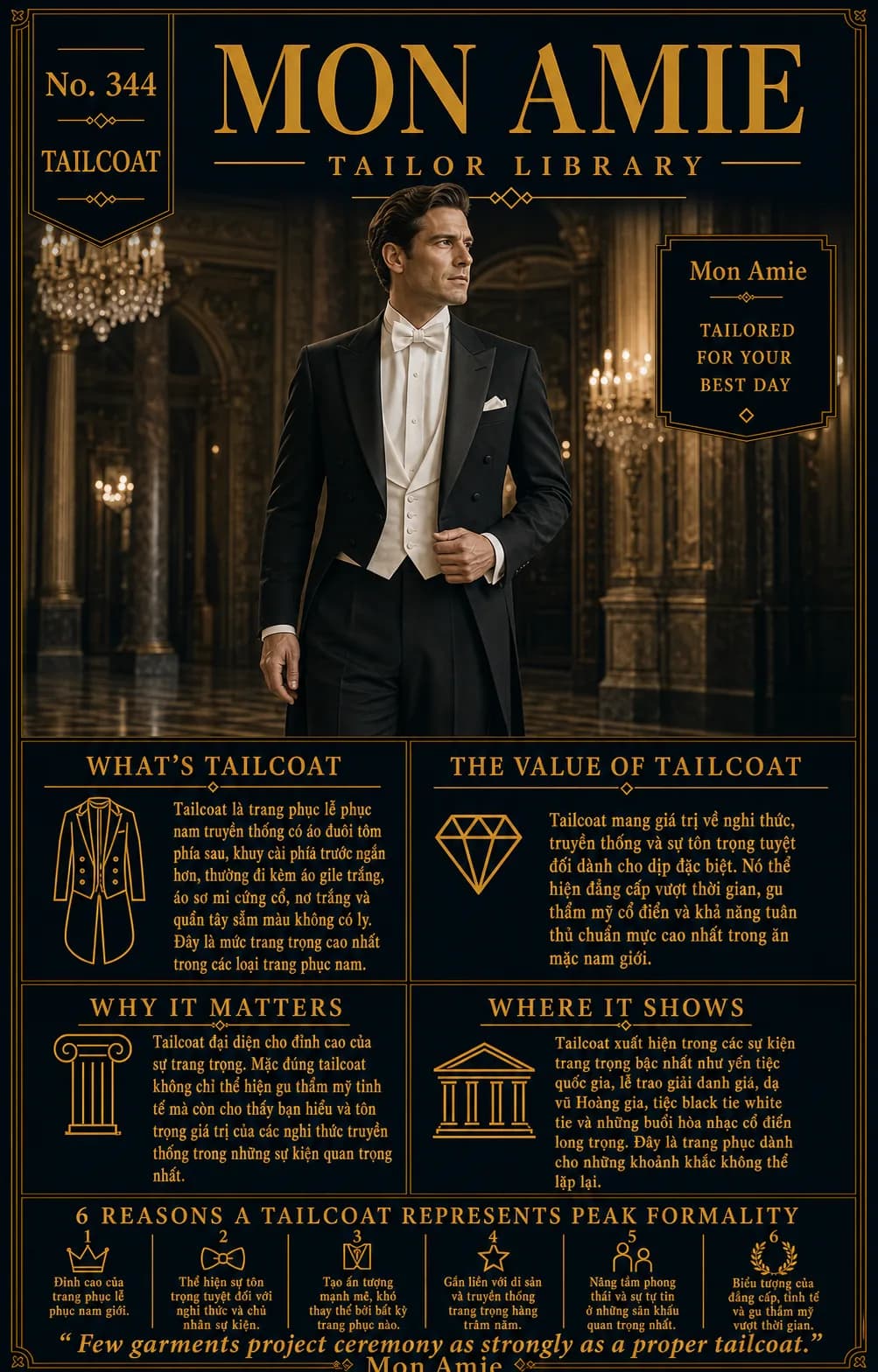 Mon Amie Tailor Library poster No. 344 on the tailcoat: a gentleman in a black tailcoat with white waistcoat and white bow tie in a palace hall