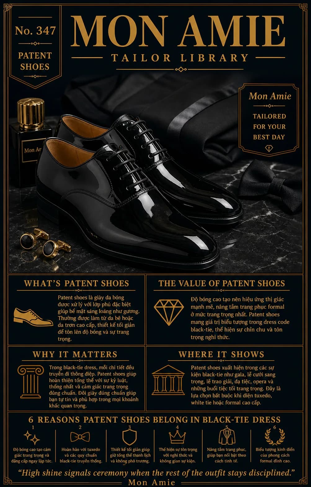 Mon Amie Tailor Library poster No. 347 on patent shoes: a pair of mirror-bright leather shoes beside a black bow tie and cufflinks on marble