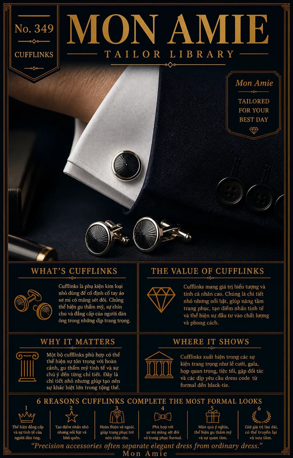 Mon Amie Tailor Library poster No. 349 on cufflinks: round guilloche-faced cufflinks on the double cuff of a white shirt