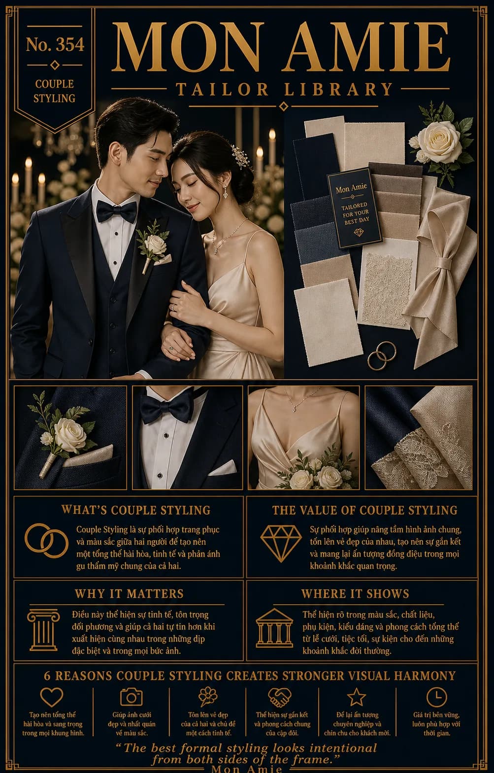 Mon Amie Tailor Library poster No. 354 on couple styling: a groom in a navy tuxedo beside a bride in a champagne satin gown with a fabric swatch board