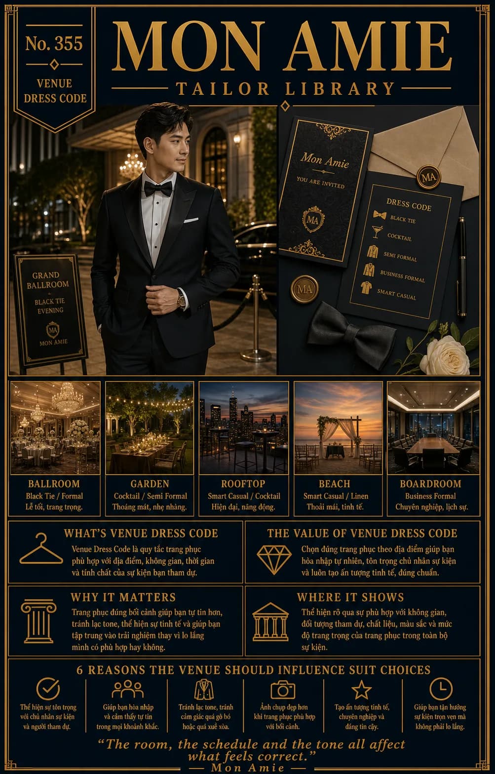 Mon Amie Tailor Library poster No. 355 on venue dress code: a gentleman in a tuxedo before a ballroom entrance beside an invitation listing dress code levels