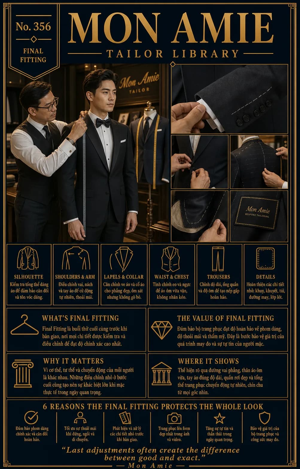 Mon Amie Tailor Library poster No. 356 on the final fitting: an artisan adjusting a client's tuxedo with close-up images of the sleeve, buttons and lining