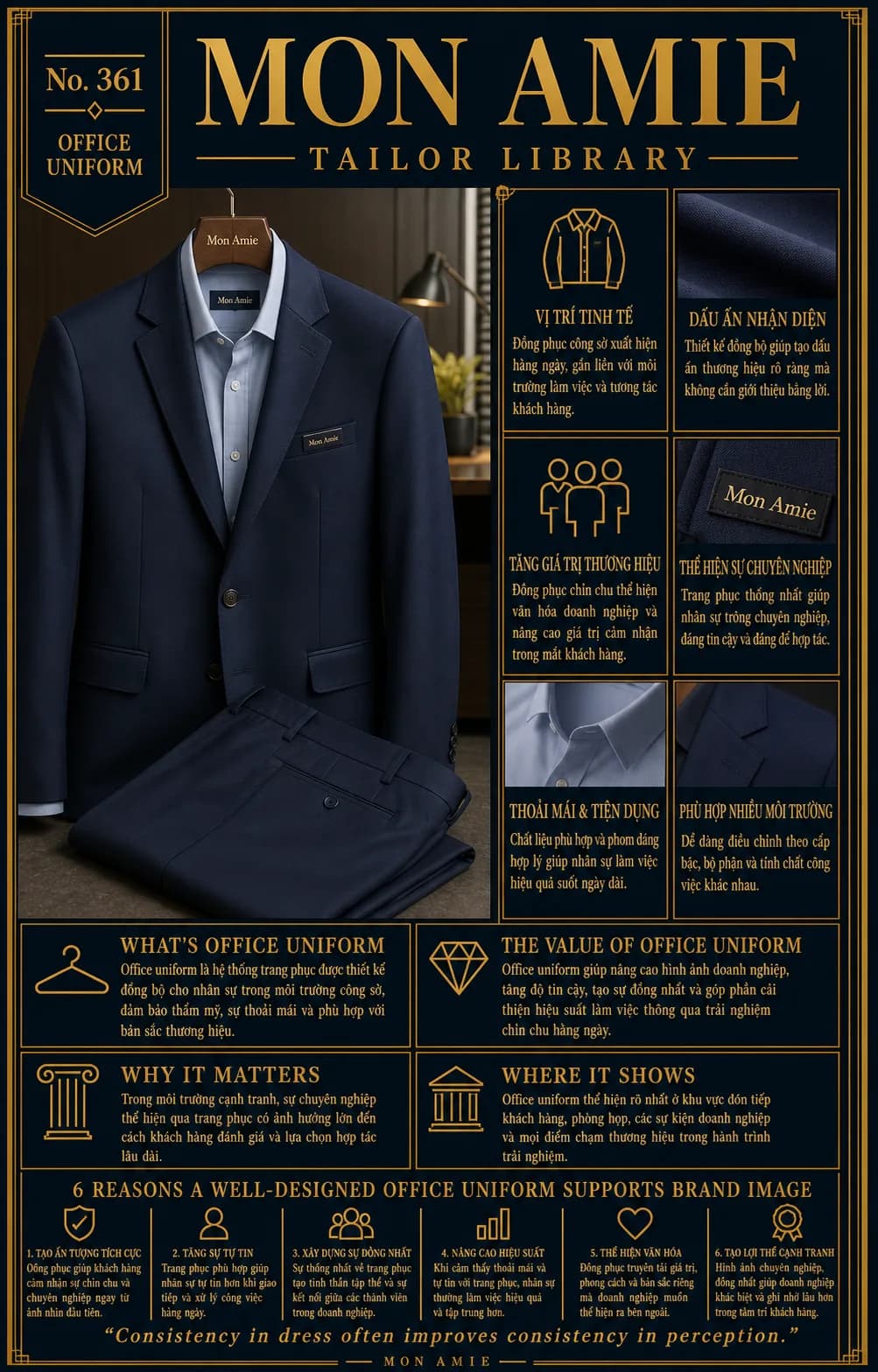 Mon Amie Tailor Library poster No. 361 on office uniforms: a navy uniform suit hanging on a wooden Mon Amie hanger