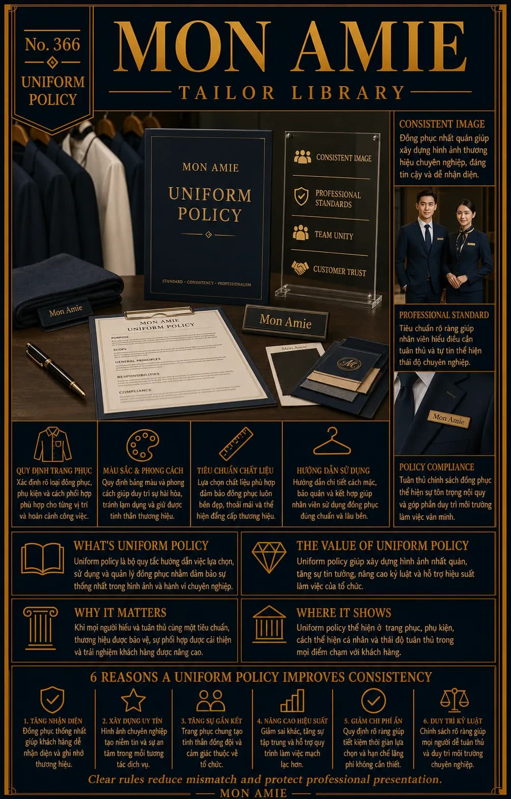 Mon Amie Tailor Library poster No. 366 on uniform policy: a policy booklet beside fabric swatches and a table of regulations