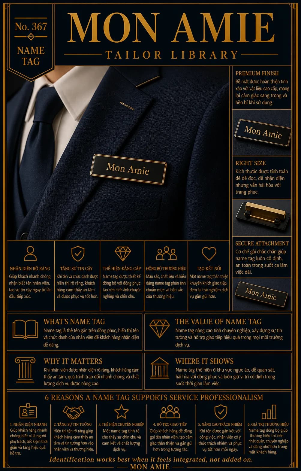 Mon Amie Tailor Library poster No. 367 on name tags: a gold-plated metal name badge on the lapel of a navy suit