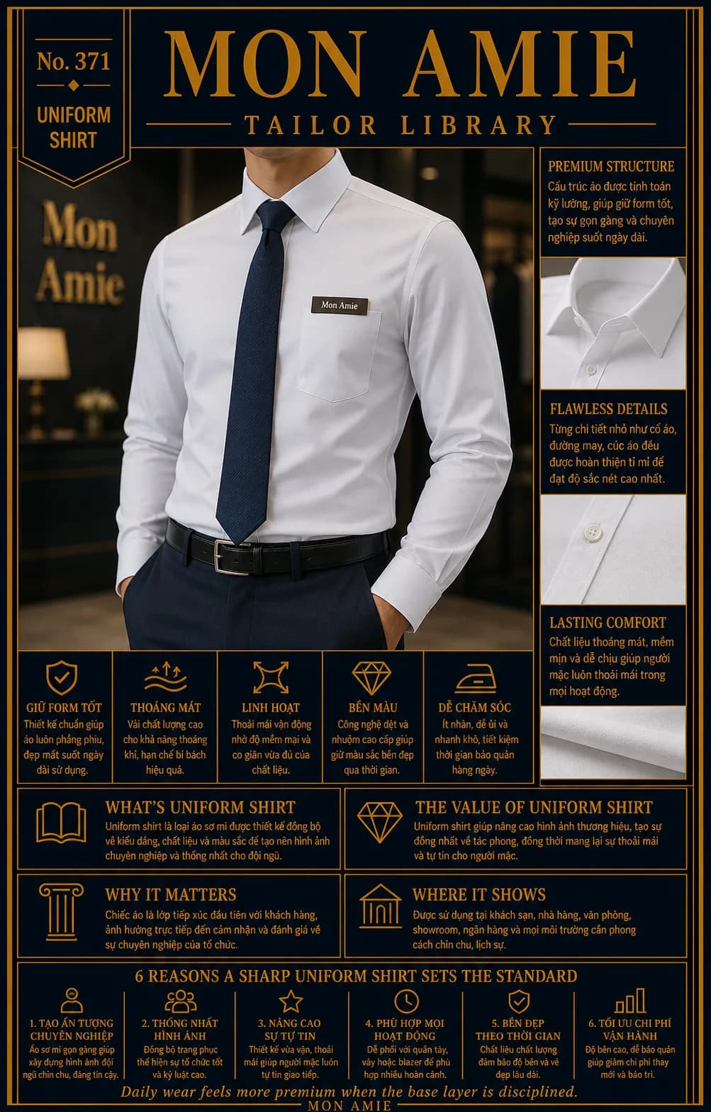 Mon Amie Tailor Library poster No. 371 on the uniform shirt: a white uniform shirt with a navy tie, alongside criteria for shape retention, breathability and colourfastness