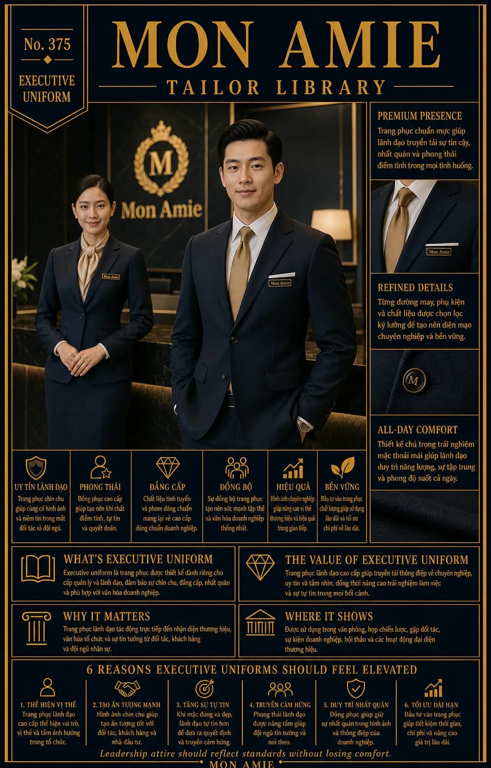 Mon Amie Tailor Library poster No. 375 on the executive uniform: two leaders in navy suits before an elegant reception desk