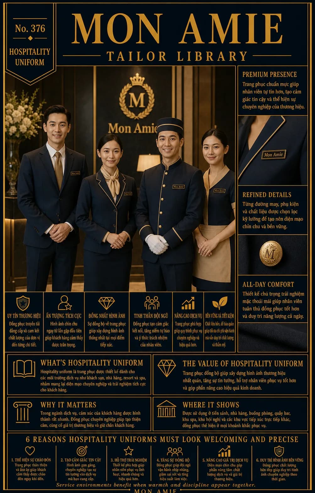 Mon Amie Tailor Library poster No. 376 on the hospitality uniform: a hotel team in navy uniforms with gold trim