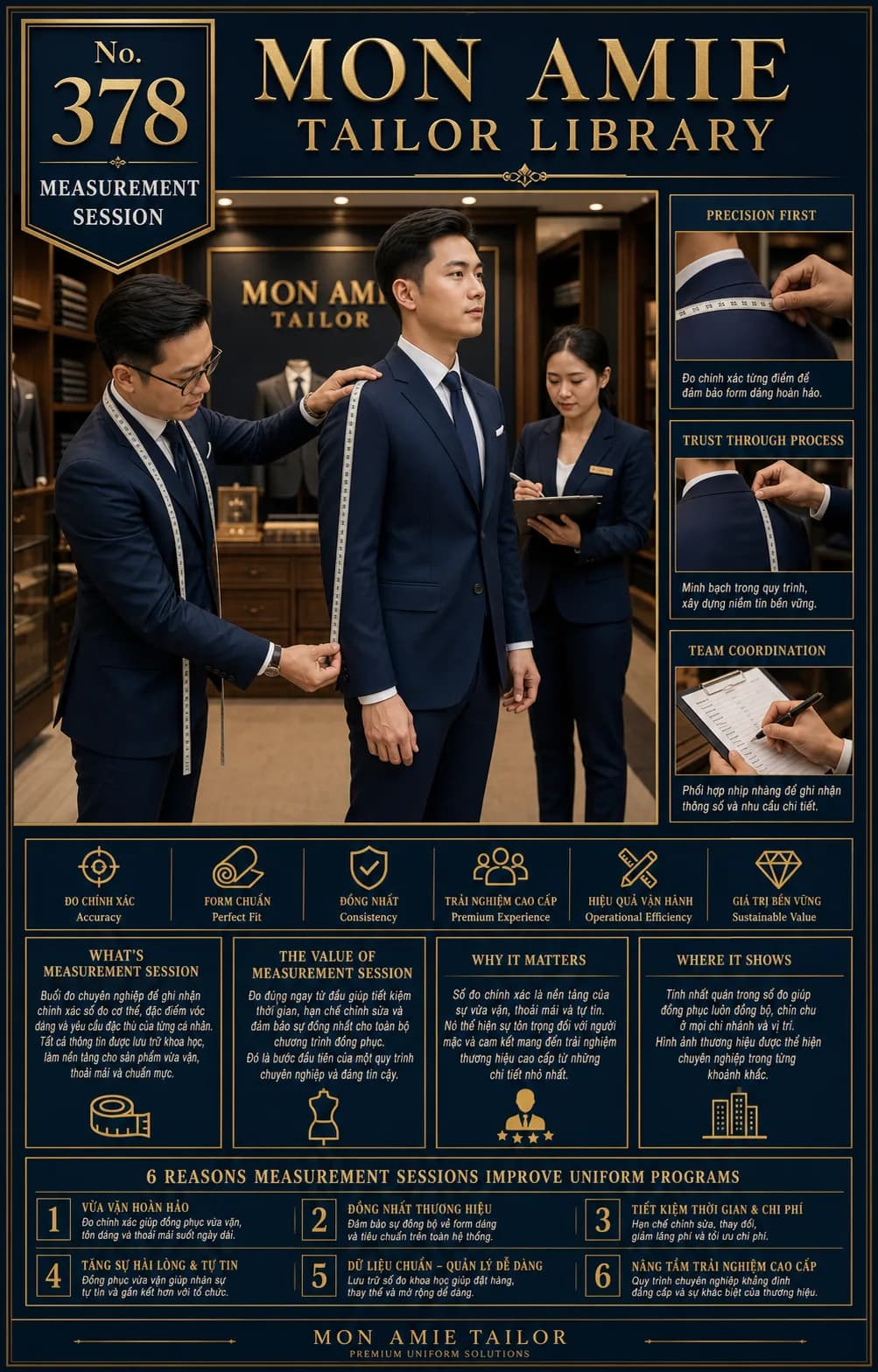 Mon Amie Tailor Library poster No. 378 on the measurement session: an artisan measuring a client's shoulder while an assistant records the figures