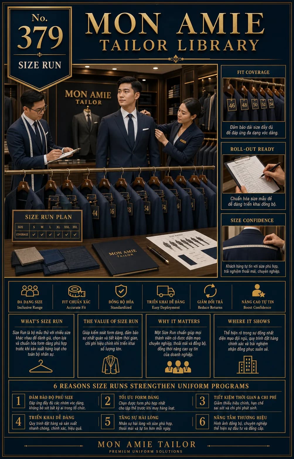 Mon Amie Tailor Library poster No. 379 on the size run: a rail of navy jackets tagged by size beside a size planning chart