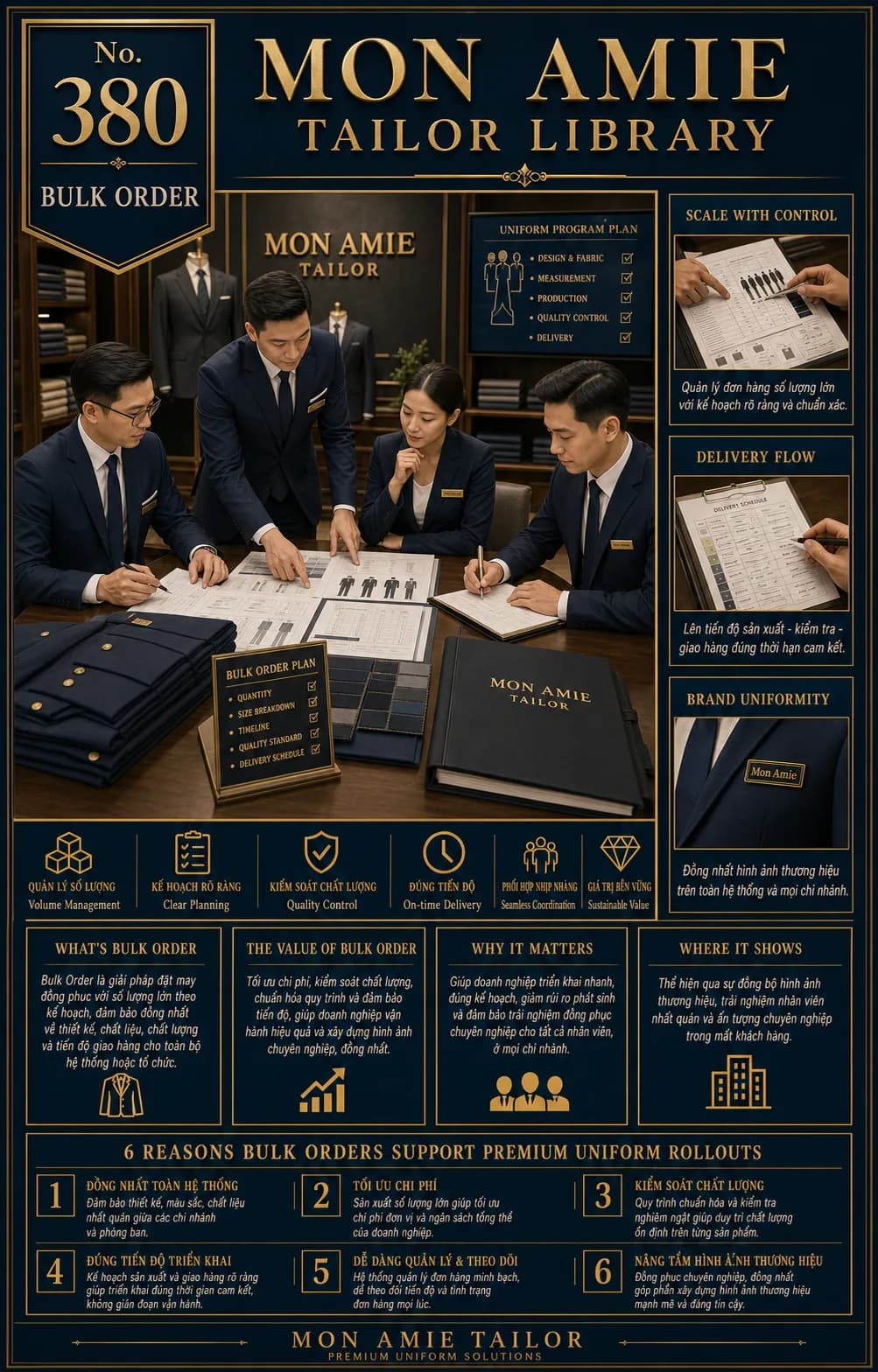 Mon Amie Tailor Library poster No. 380 on bulk orders: a consulting team planning a large-volume uniform commission