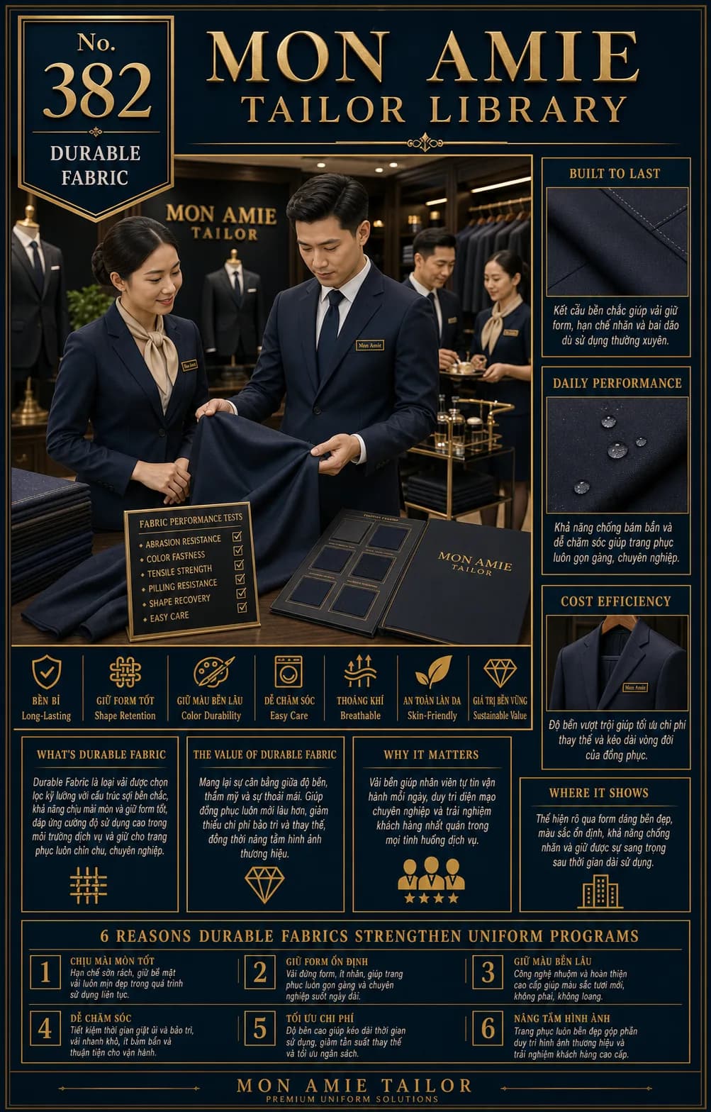 Poster Tailor Library số 382 của Mon Amie về vải bền: tư vấn viên giới thiệu vải navy cùng bảng kiểm định độ bền vải