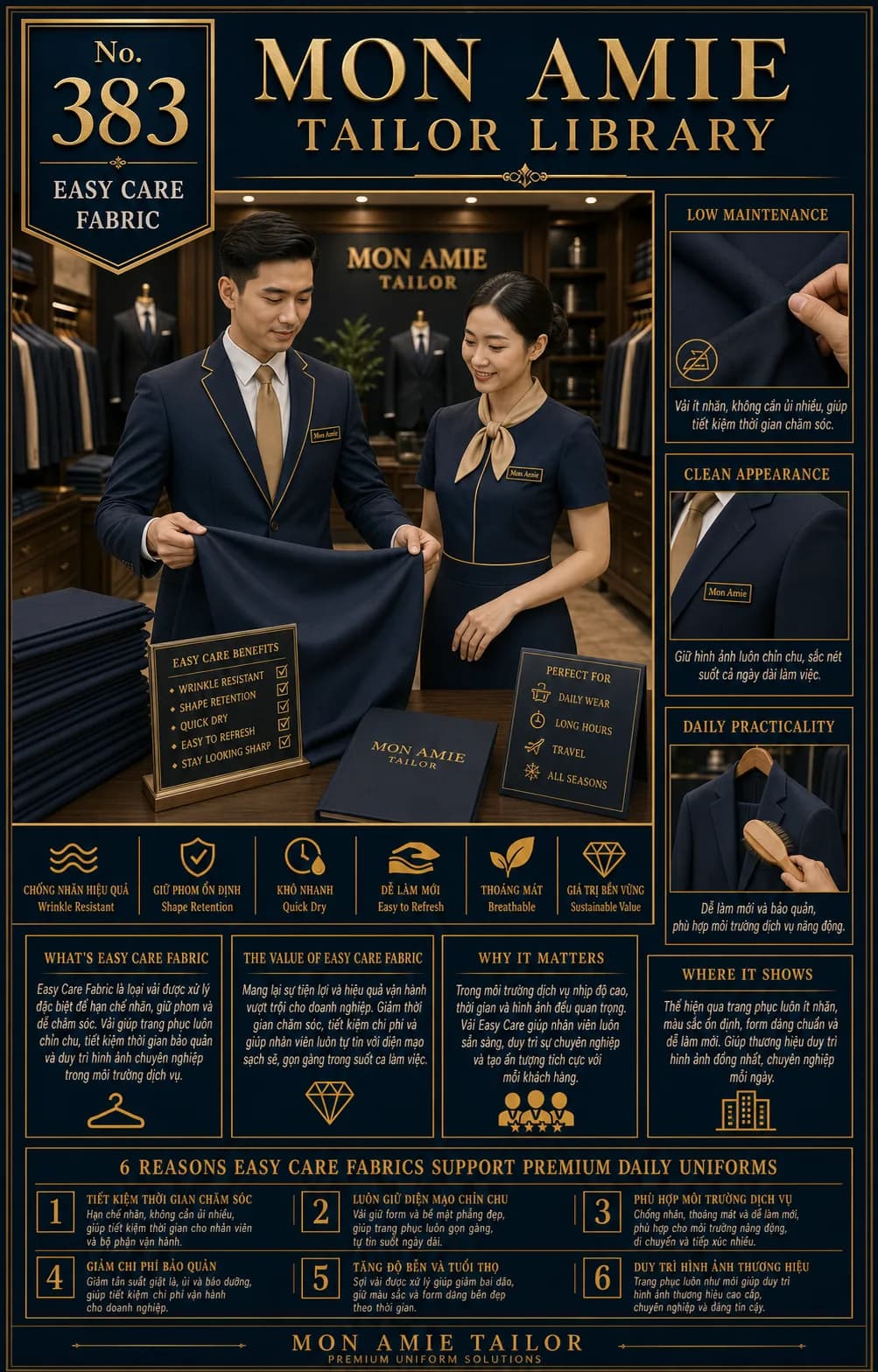 Poster Tailor Library số 383 của Mon Amie về Easy Care Fabric: tư vấn viên giới thiệu vải navy ít nhăn cùng bảng lợi ích