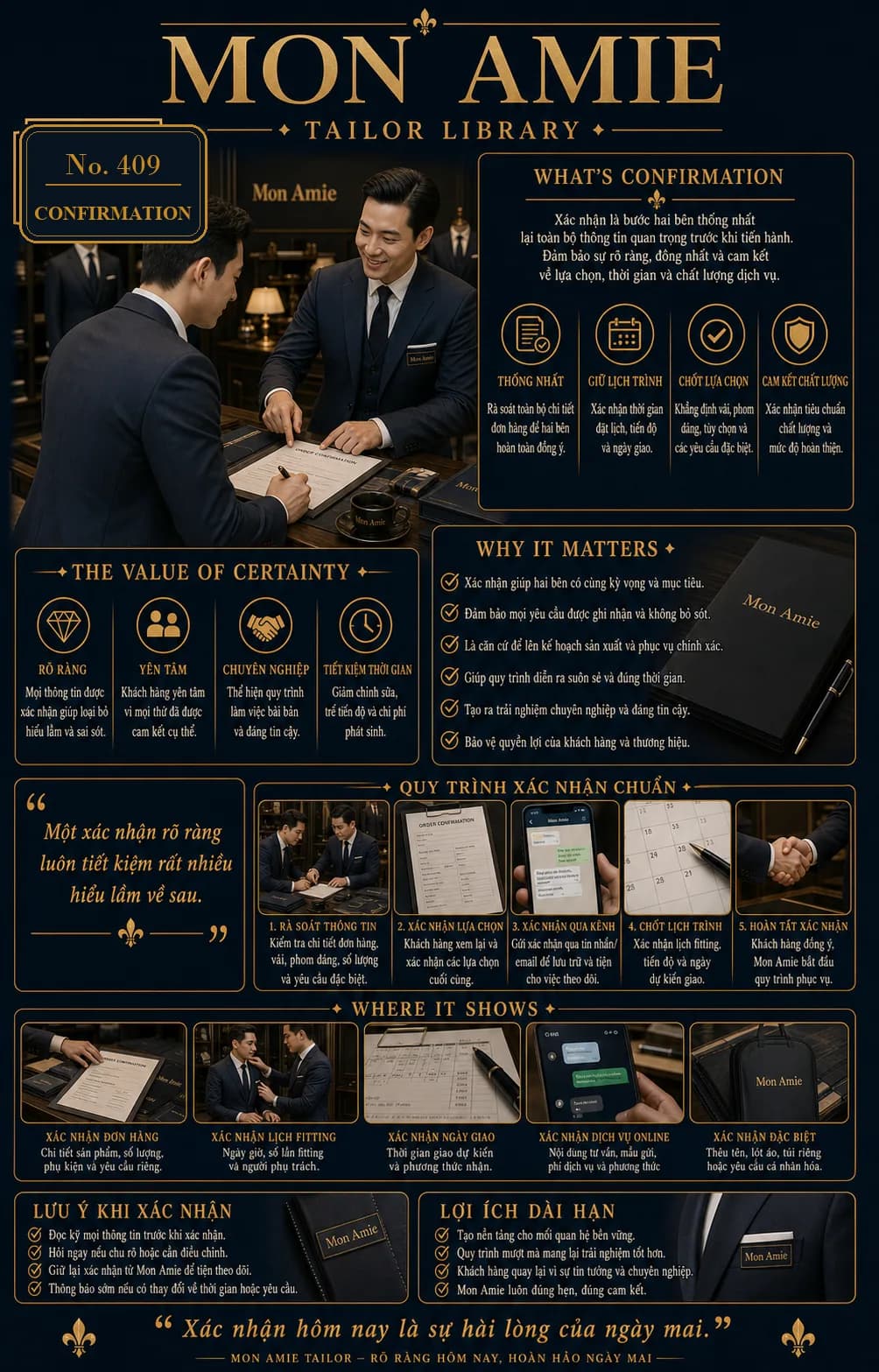 Mon Amie Tailor Library poster No. 409 on order confirmation: a client signing the made-to-measure order sheet
