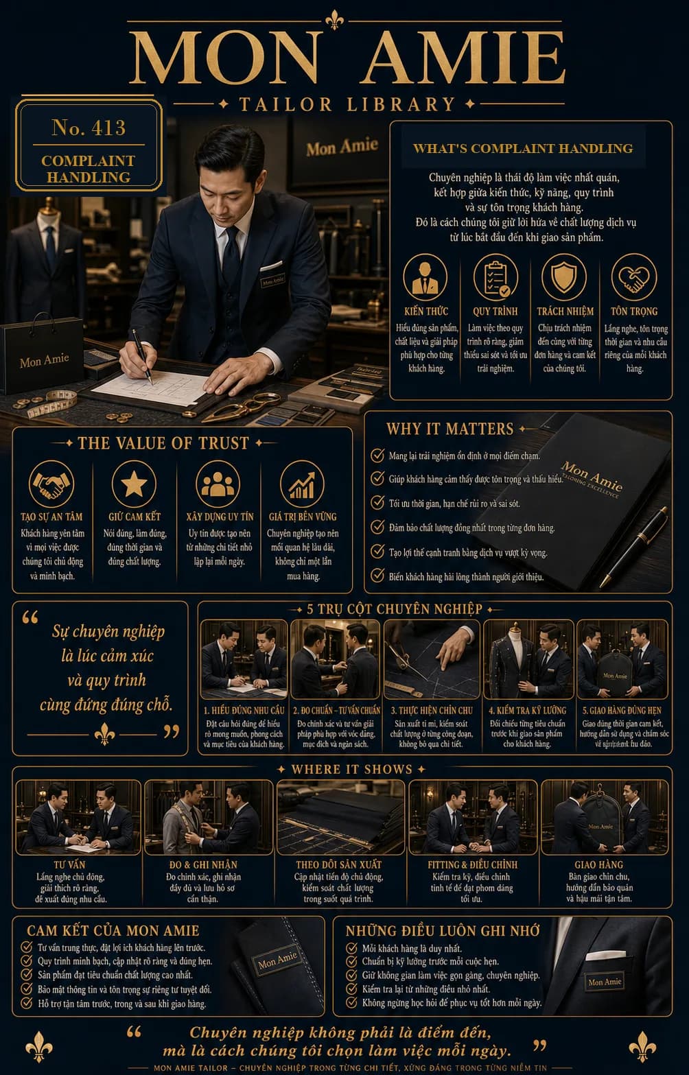 Poster Tailor Library số 413 của Mon Amie về complaint handling: nghệ nhân ghi nhận hồ sơ khách hàng cẩn thận tại showroom