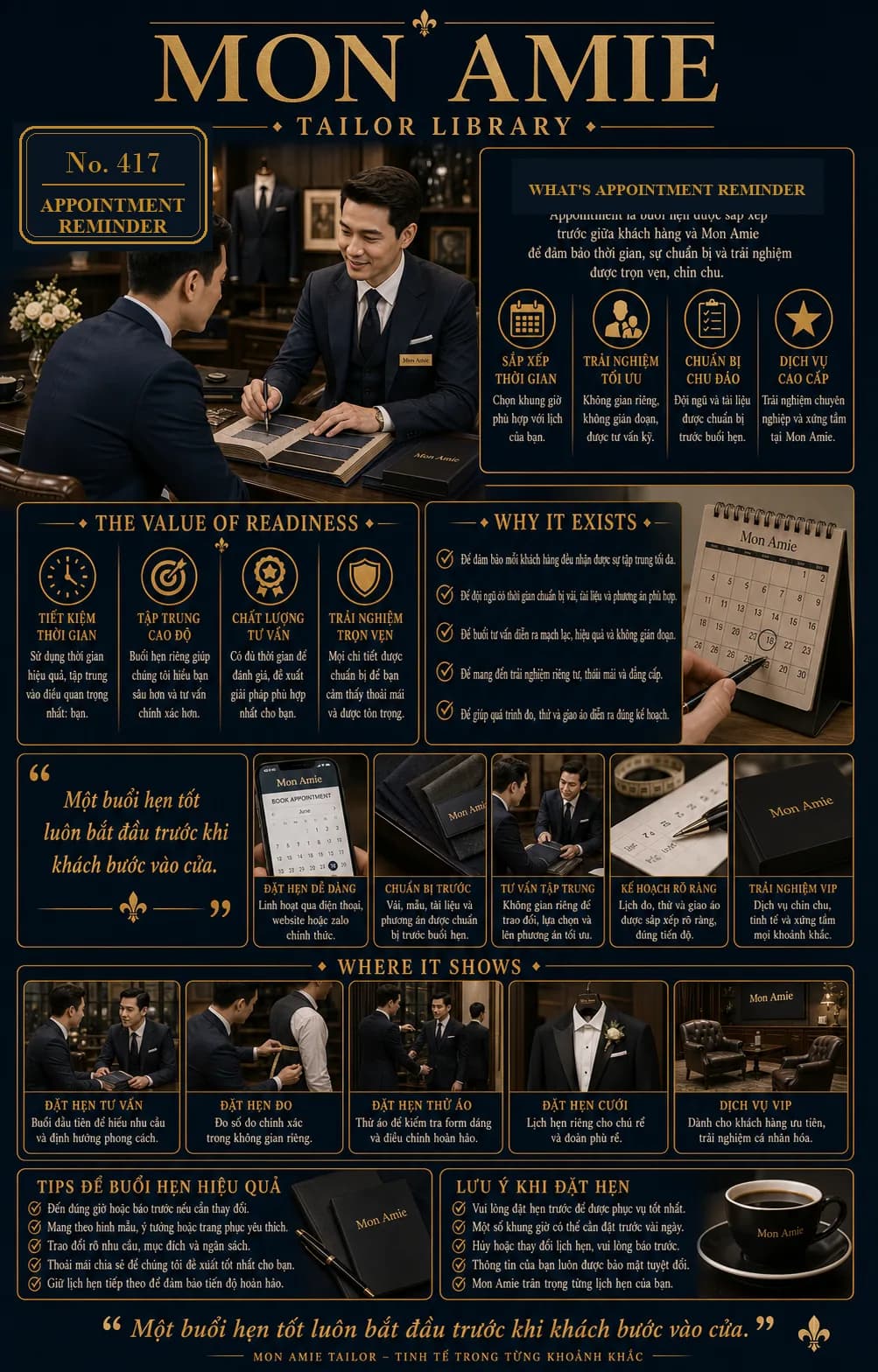 Mon Amie Tailor Library poster No. 417 on appointment reminders: a Mon Amie desk calendar with appointments prepared in advance