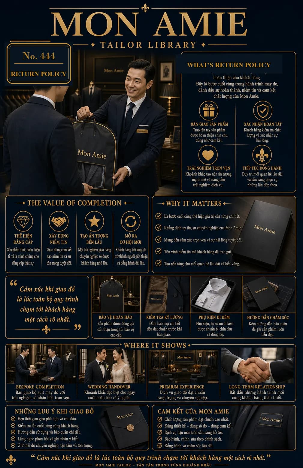 Mon Amie Tailor Library poster No. 444 on return policy: a consultant presenting a suit bag to a client at the showroom