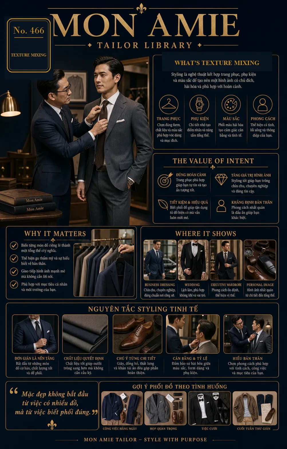 Mon Amie Tailor Library poster No. 466 on Texture Mixing: the art of combining fabric textures in menswear styling