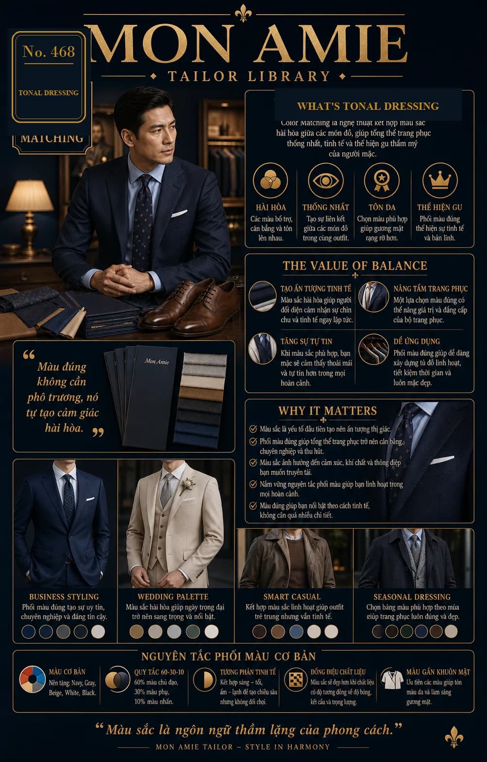 Poster Tailor Library số 468 của Mon Amie về color matching: quý ông mặc vest navy cùng bảng vải mẫu, giày nâu và các bảng màu theo dịp