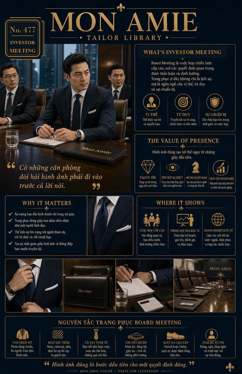 Poster Tailor Library số 477 của Mon Amie về investor meeting: phòng họp cấp cao, suit navy, cà vạt chấm bi và bộ nguyên tắc trang phục board meeting