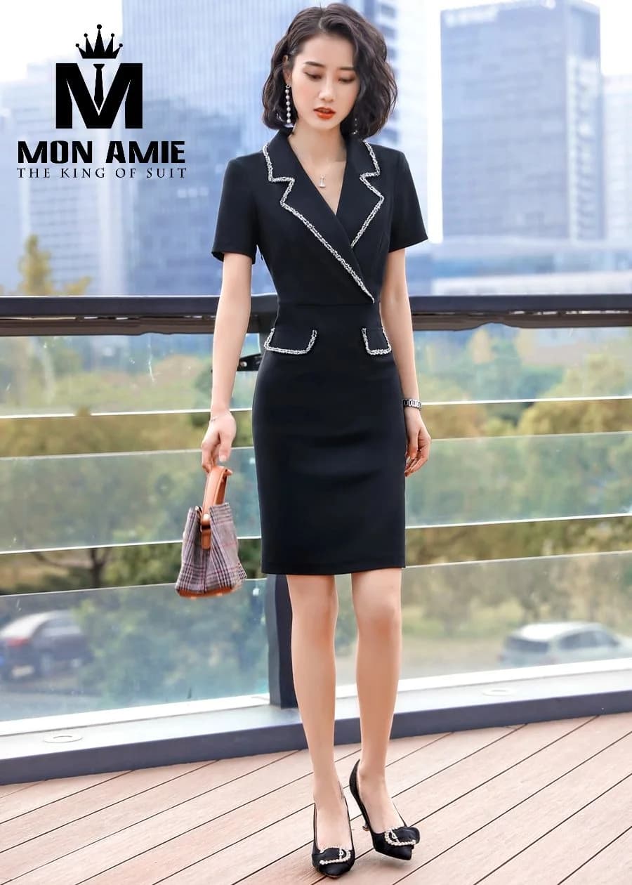 Đầm Vest Đen Ve Chéo Viền Bện Trắng Tay Ngắn