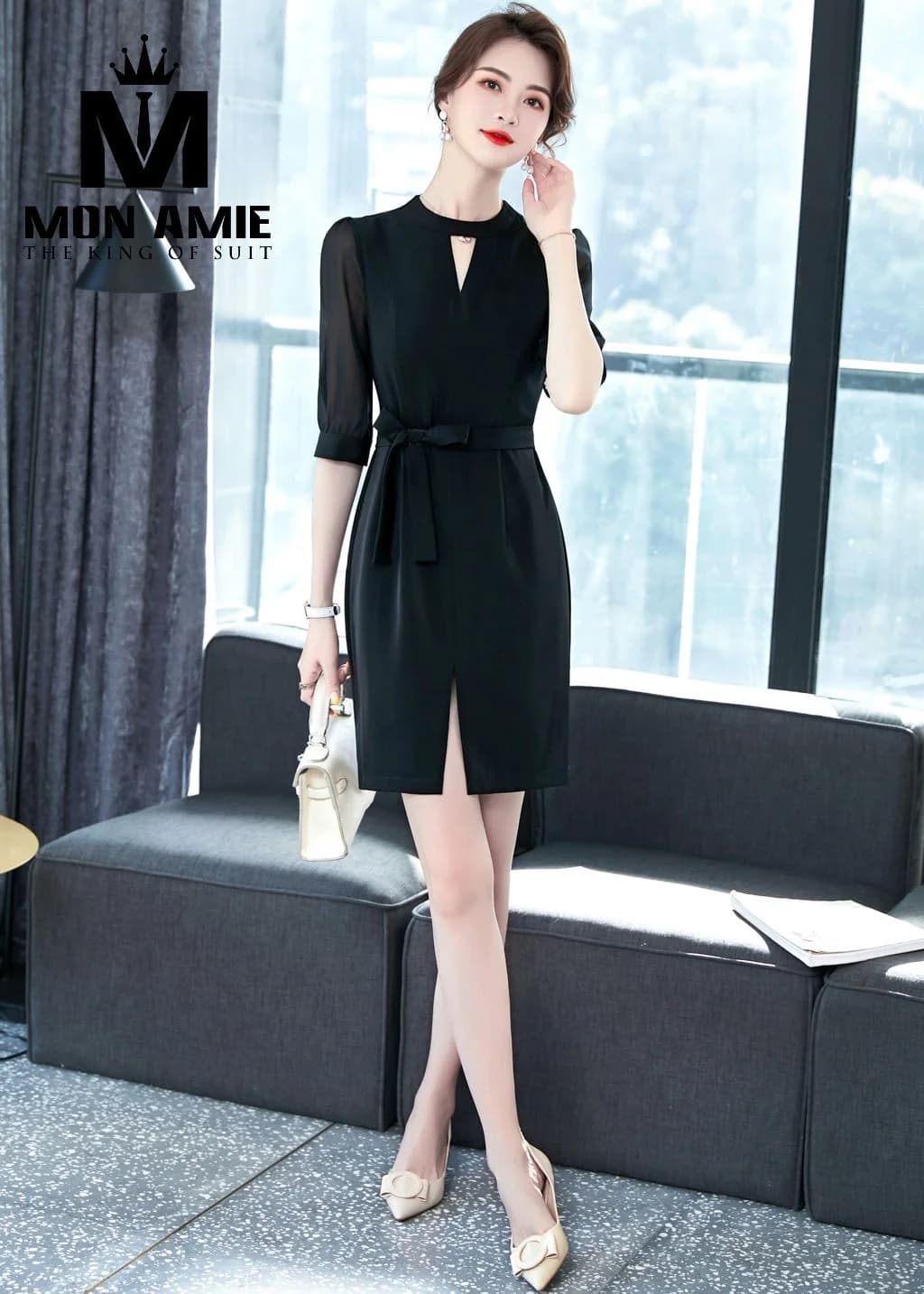 Đầm Đen Cổ Trụ Tay Voan Lỡ Thắt Nơ Eo