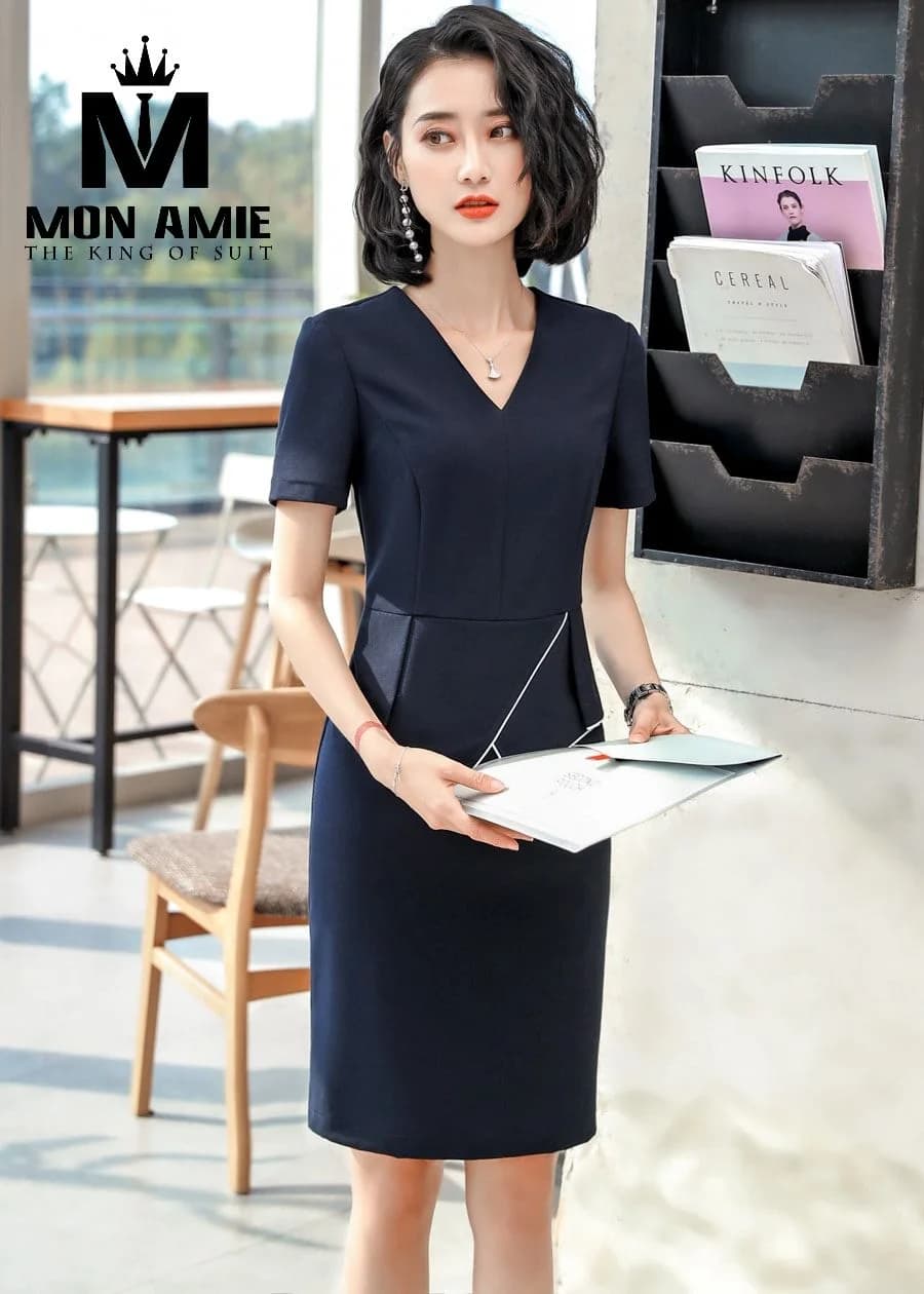 Đầm Công Sở Navy Cổ V Tay Ngắn Viền Chỉ Trắng (DN-008)