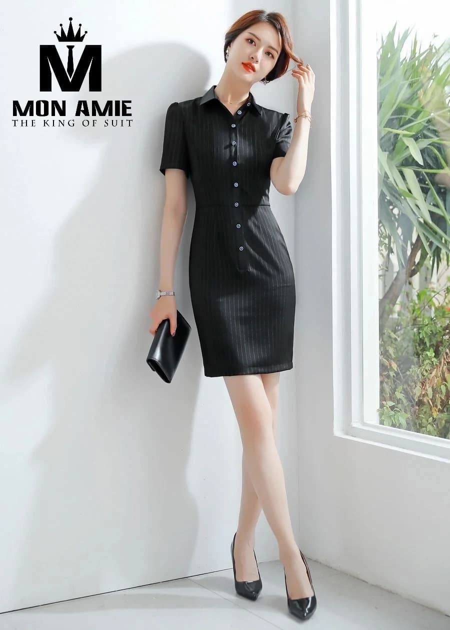 Đầm Công Sở Đen Kẻ Sọc Mảnh Cổ Sơ Mi Cài Khuy
