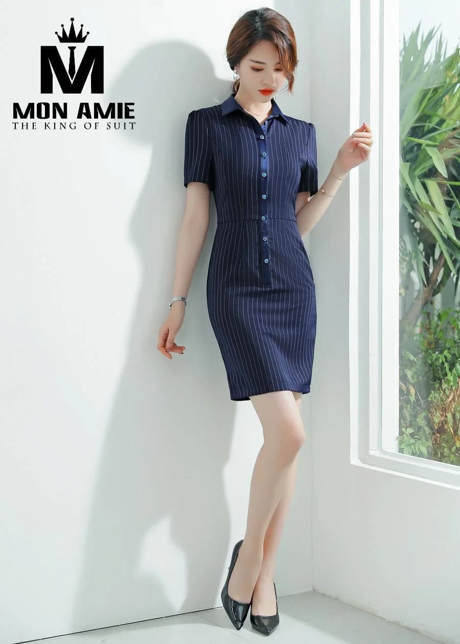 Đầm Công Sở Navy Kẻ Sọc Cổ Sơ Mi Nẹp Xanh