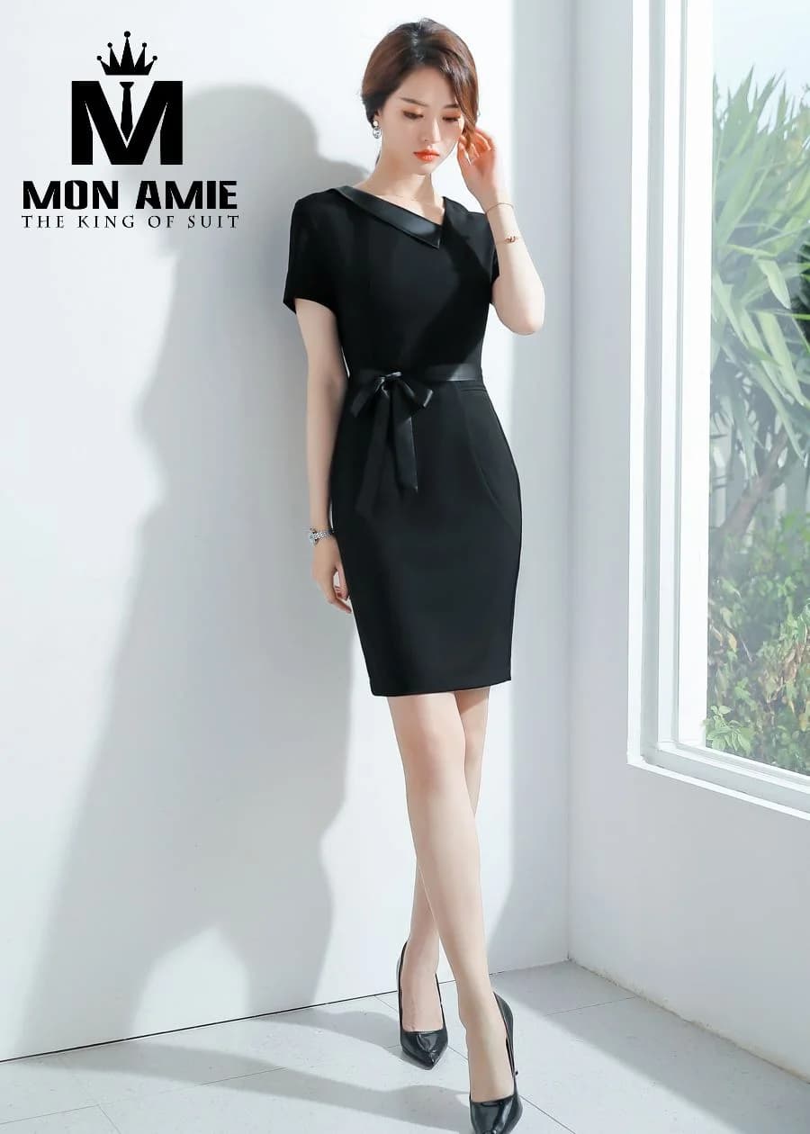 Đầm Công Sở Đen Cổ V Bản Lớn Thắt Nơ Eo