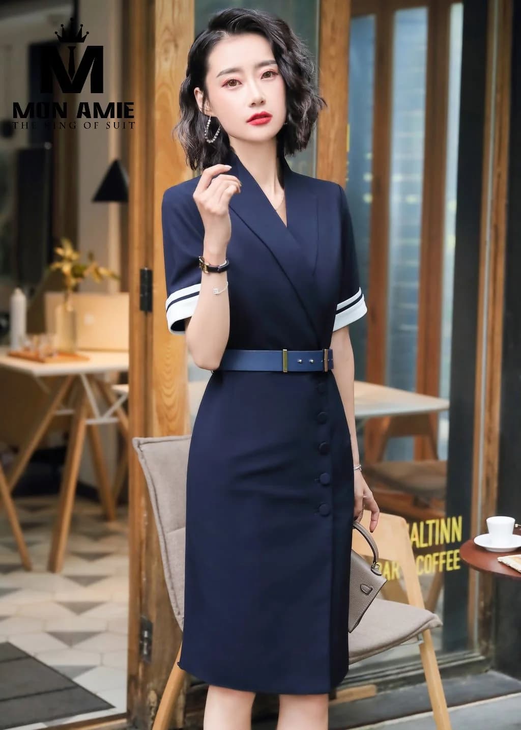 Đầm Navy Cổ Vest Cài Nút Bọc Lệch Tay Viền Trắng