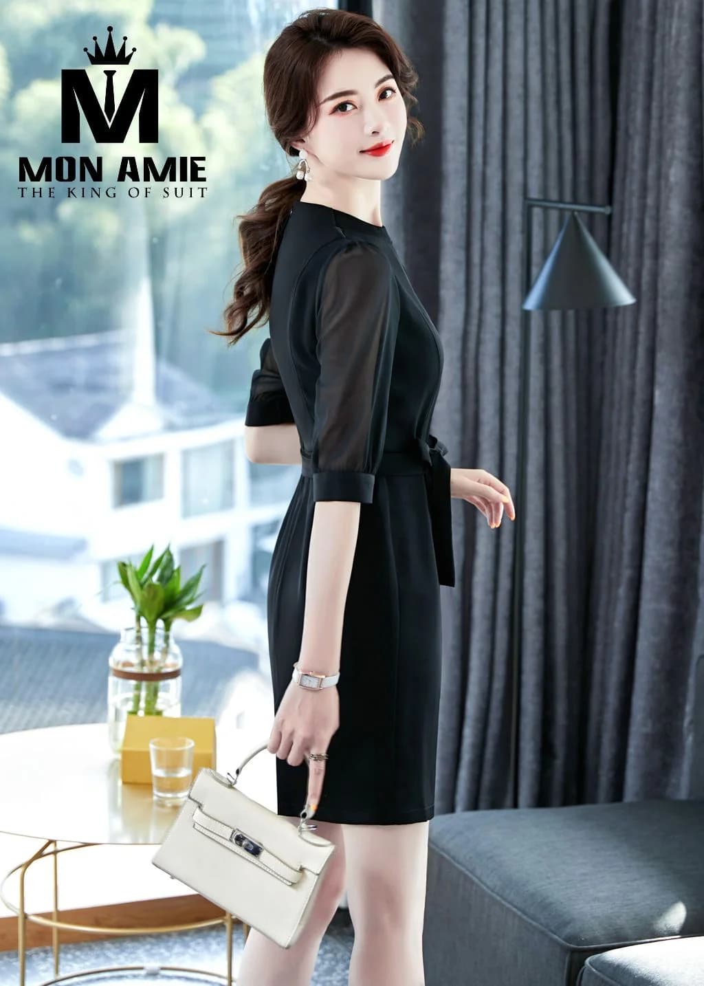 Đầm Đen Cổ Trụ Tay Voan Lỡ Thắt Nơ Eo (DN-036)