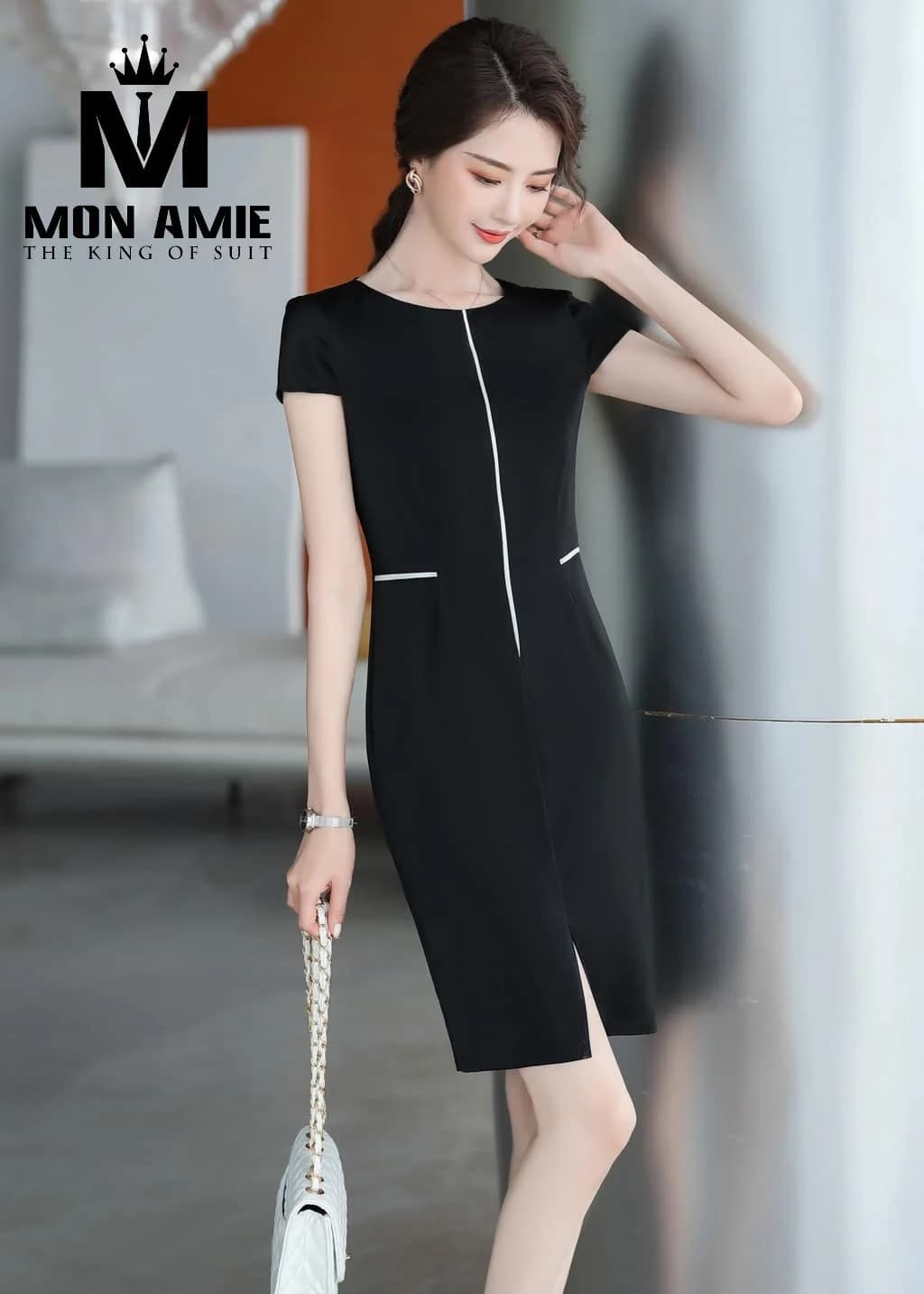 Đầm Đen Cổ Tròn Viền Trắng Dọc Thân Tay Cánh Tiên