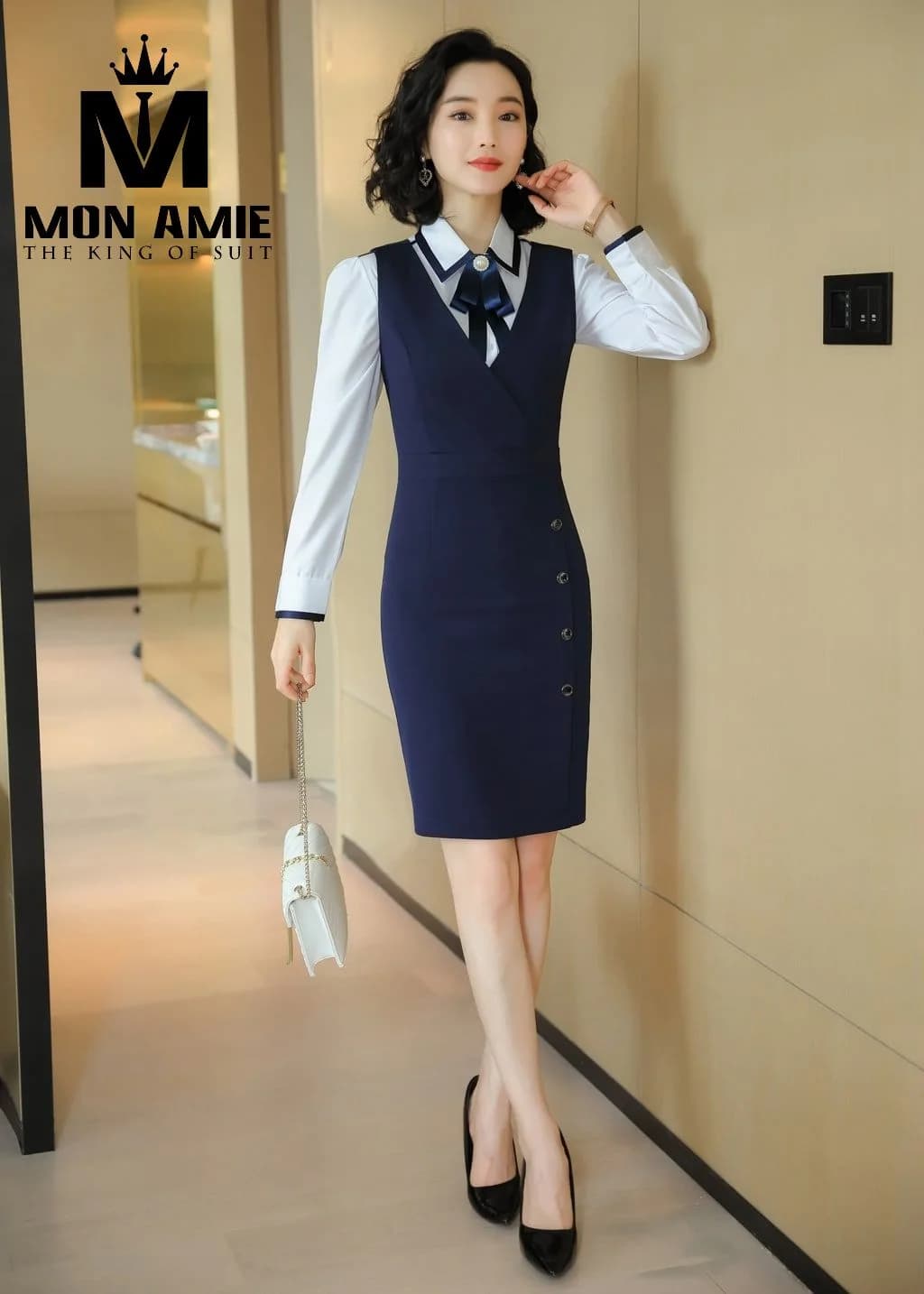 Đầm Yếm Navy Cổ V Cài Nút Lệch Phối Sơ Mi Tay Dài