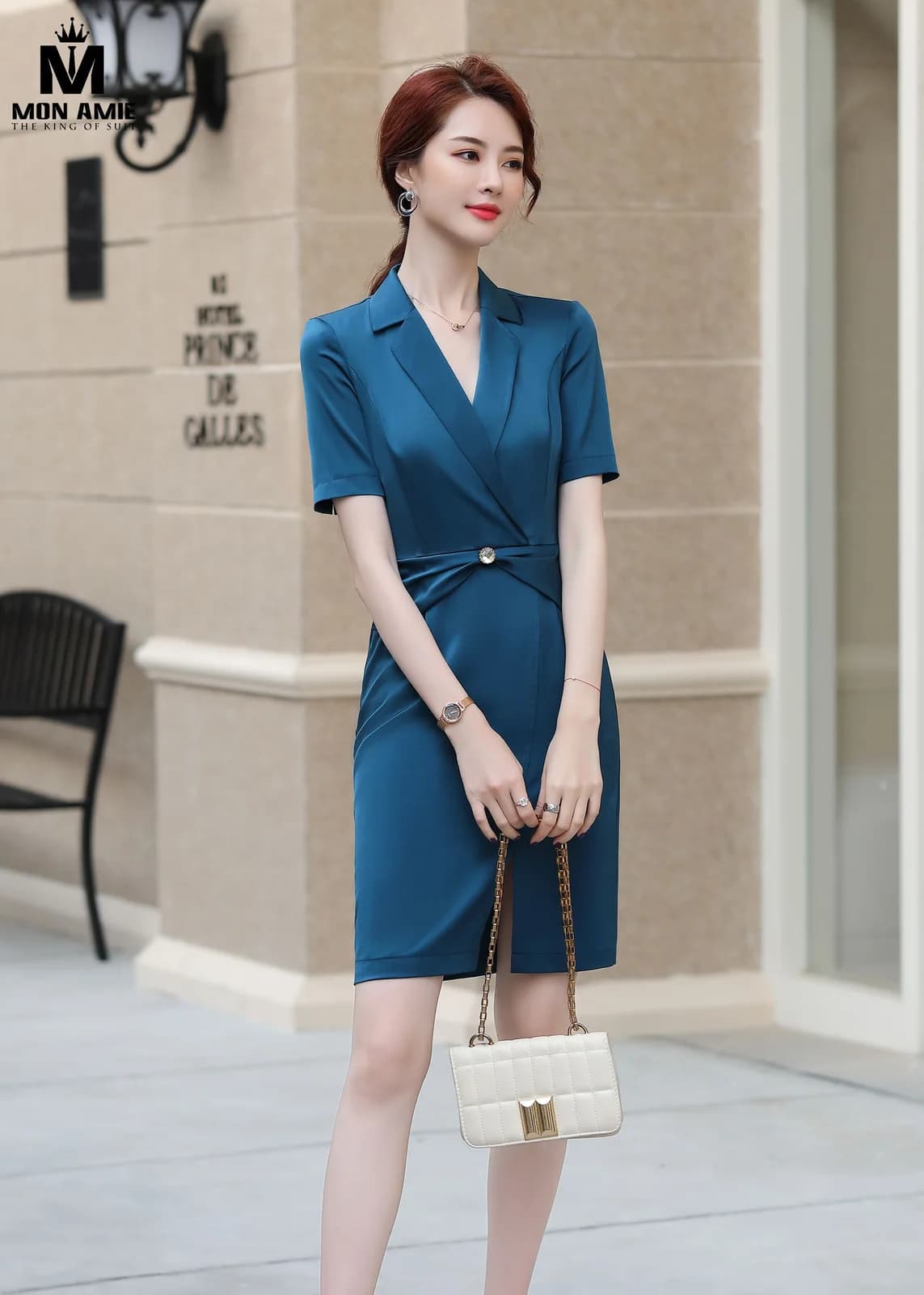 Đầm Cổ Vest Xanh Cổ Vịt Đắp Chéo Xẻ Tà