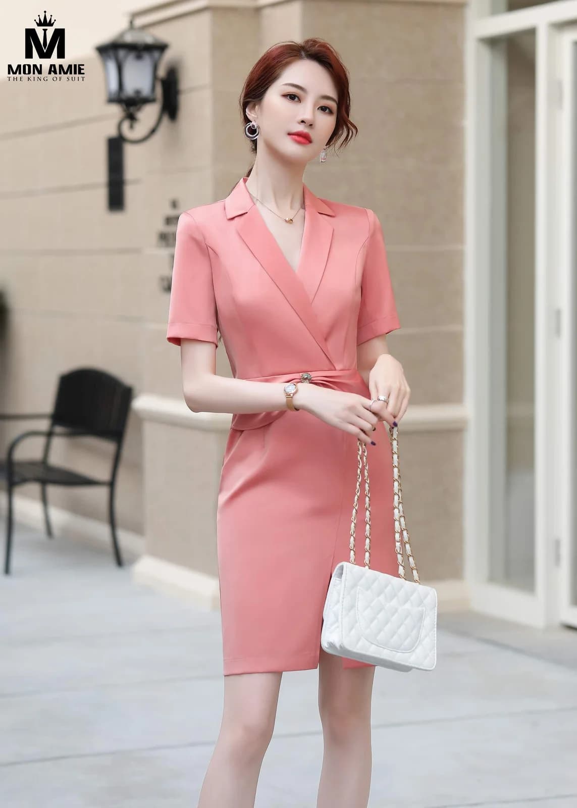 Đầm Cổ Vest Hồng San Hô Đắp Chéo Ôm Dáng