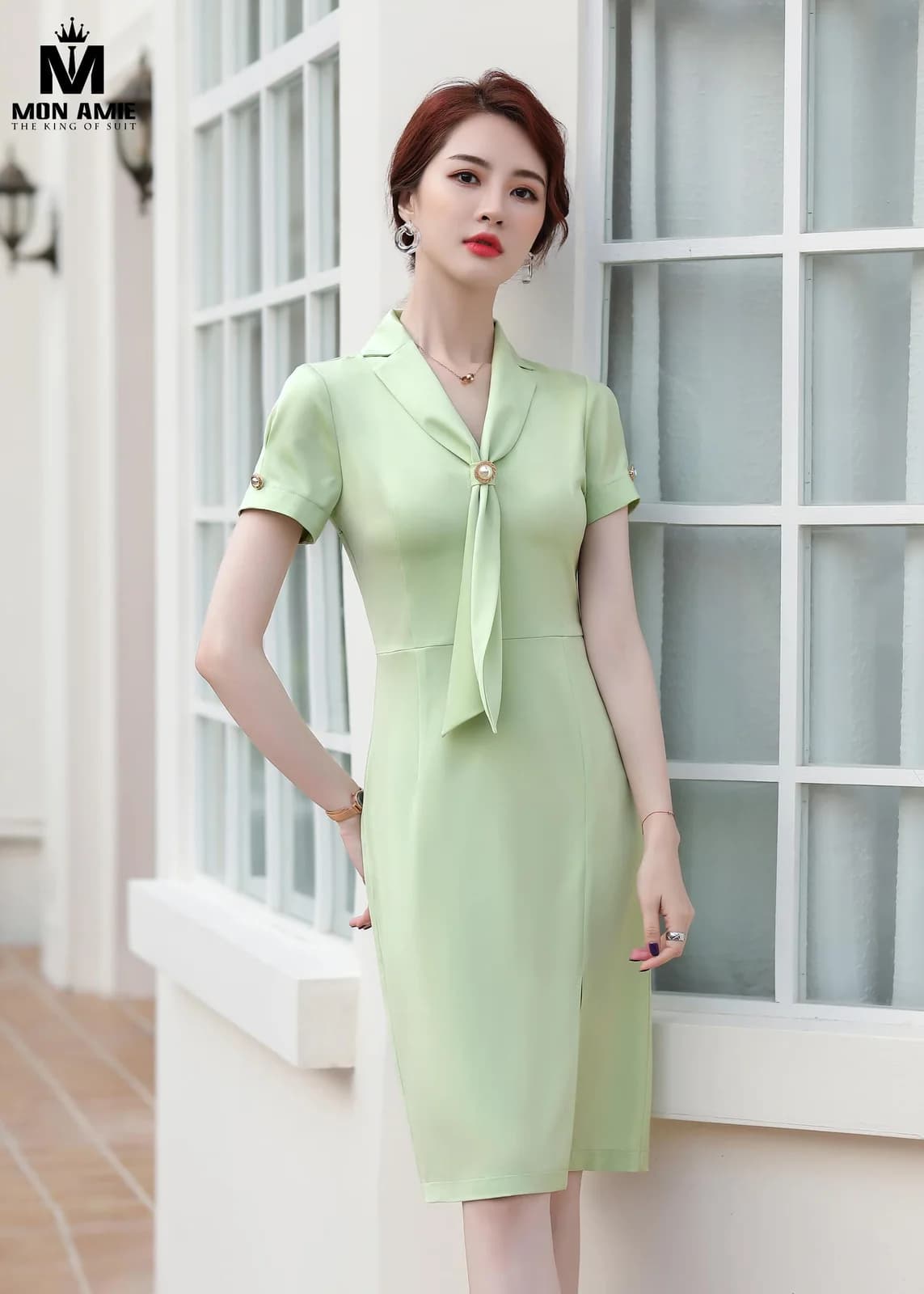 Đầm Cổ Vest Thắt Nơ Xanh Mint Nhạt