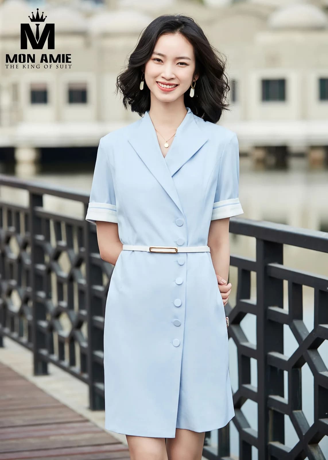 Đầm Vest Xanh Pastel Cài Khuy Tay Phối Trắng