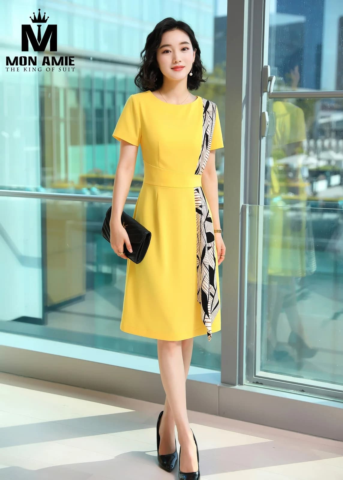 Đầm Vàng Chanh Phối Họa Tiết Lá Đen Kem