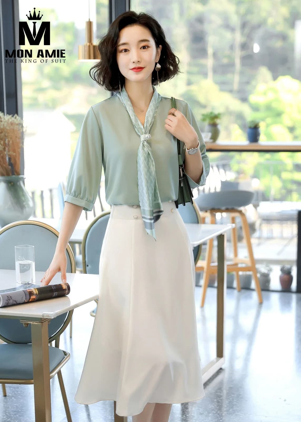 Set Áo Xanh Bạc Hà Thắt Khăn Chân Váy Xòe Kem