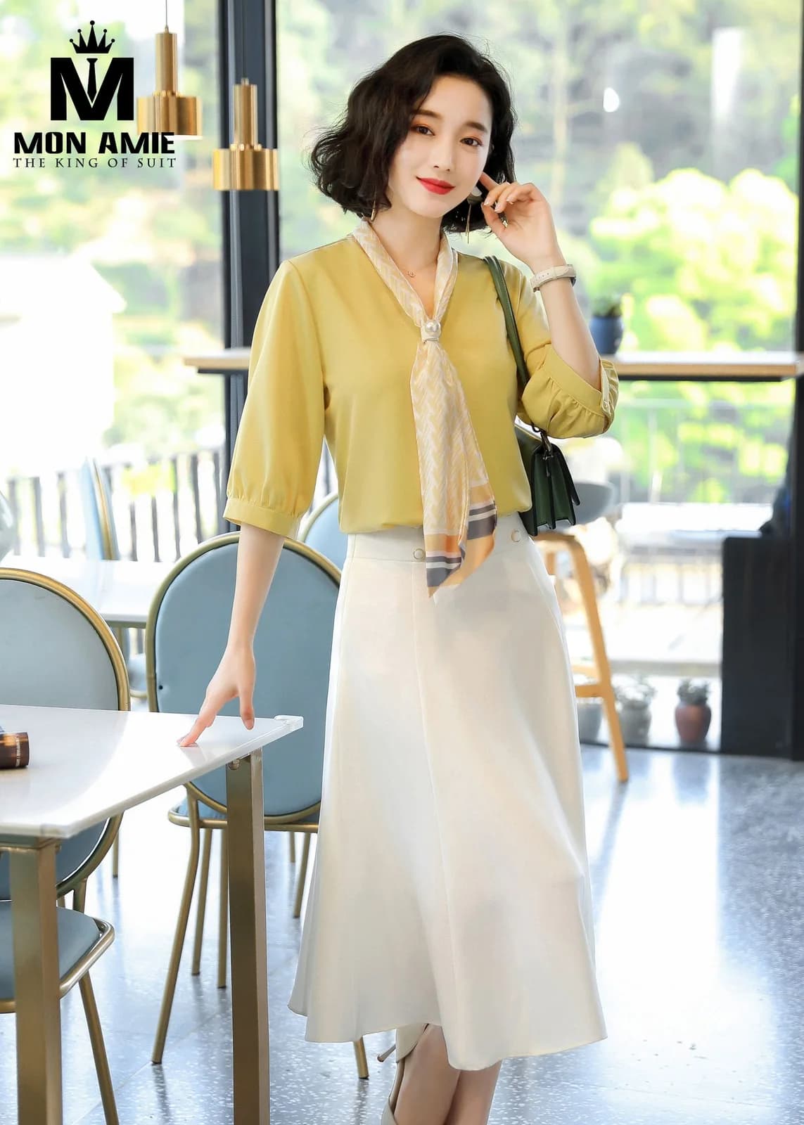 Set Áo Vàng Mù Tạt Thắt Khăn Chân Váy Xòe Kem