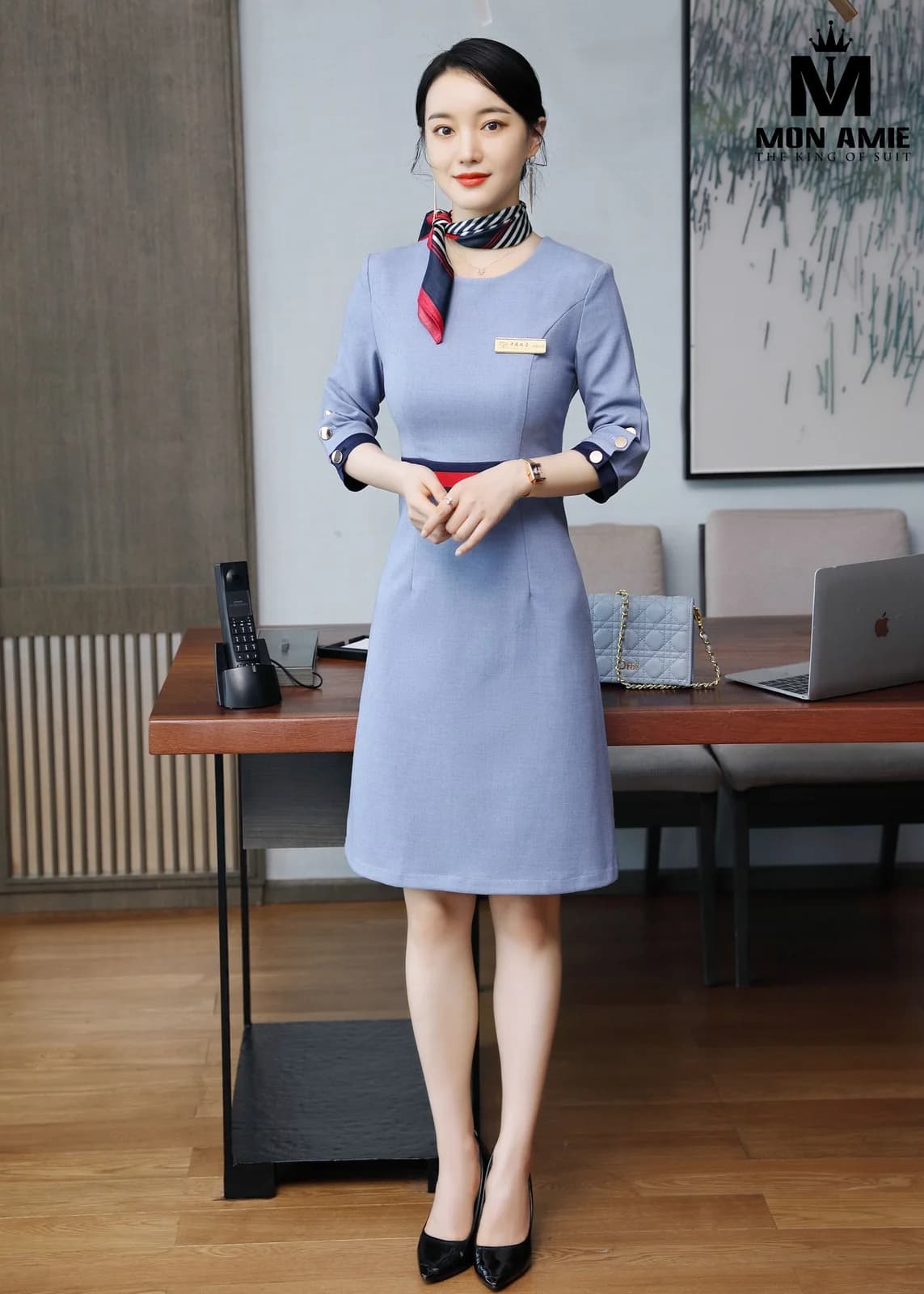 Đầm Xanh Xám Nhạt Cổ Tròn Chiết Ngực Chéo Tay Lửng
