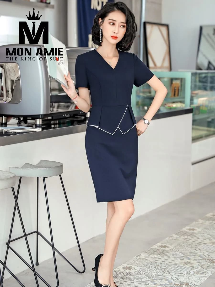 Đầm Công Sở Navy Cổ V Tay Ngắn Viền Chỉ Trắng