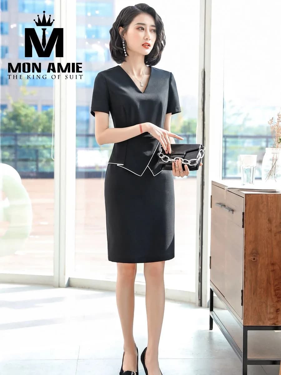 Đầm Công Sở Đen Cổ V Vạt Peplum Viền Trắng