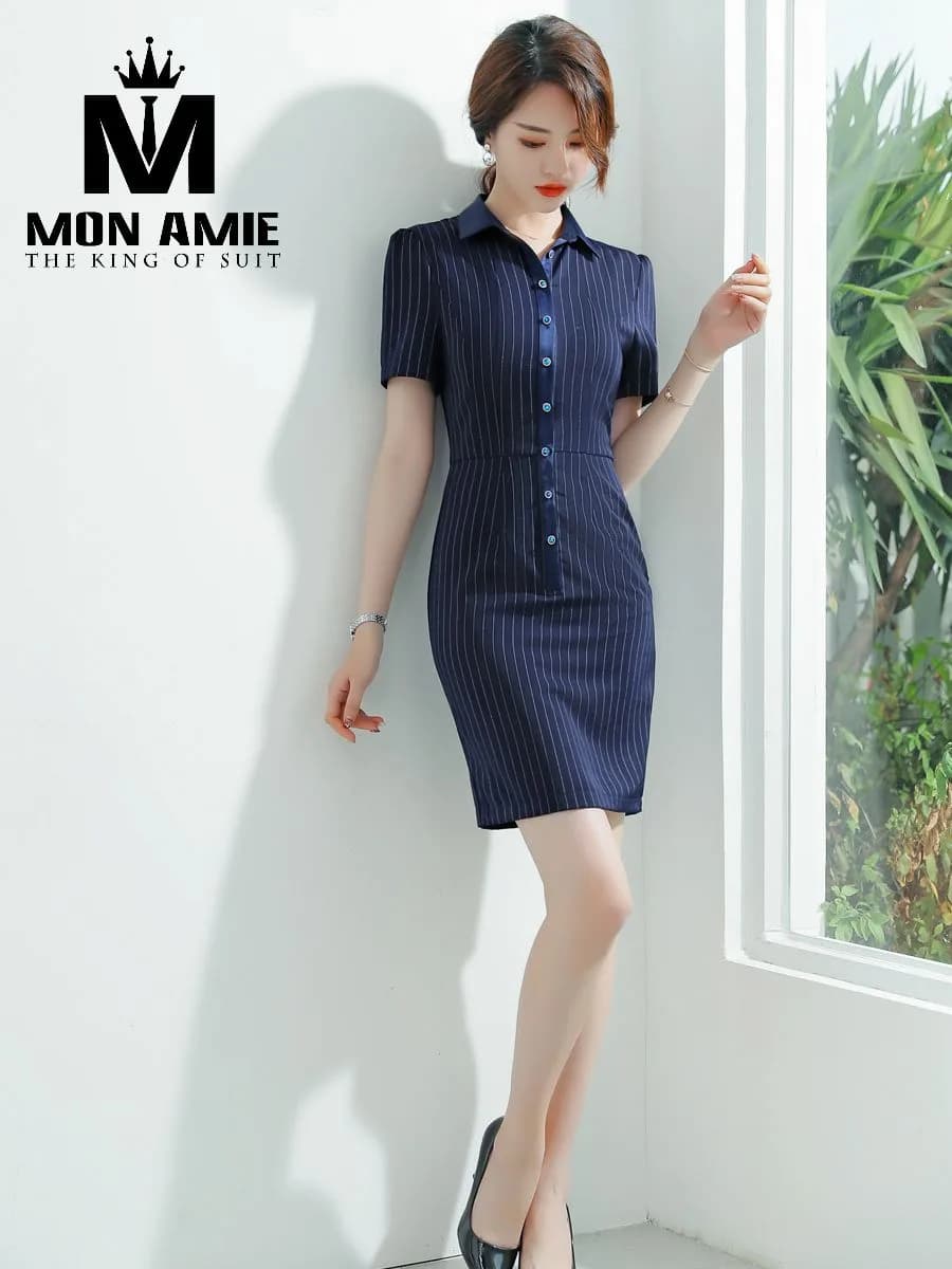 Đầm Công Sở Navy Kẻ Sọc Cổ Sơ Mi Nẹp Xanh