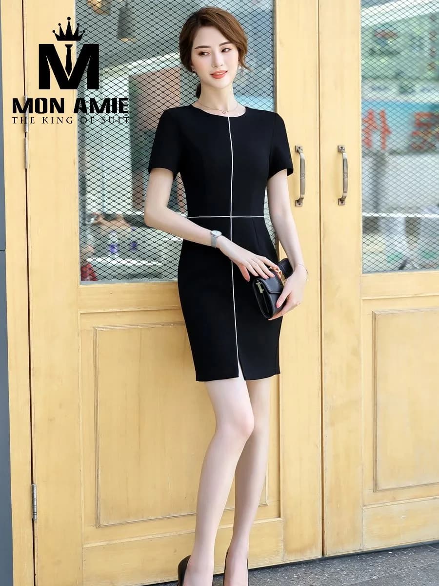 Đầm Công Sở Đen Đường Chỉ Trắng Xẻ Tà Trước